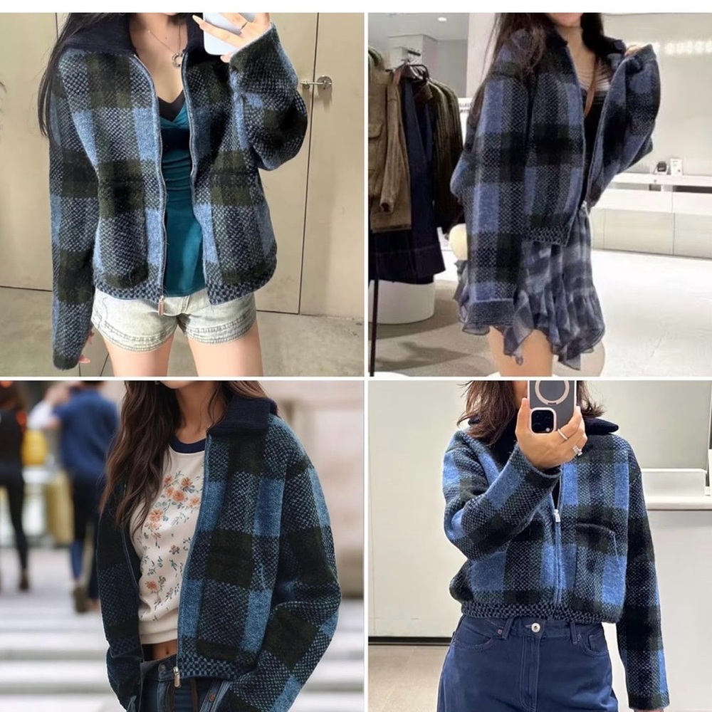 Blue Check Zip-Front Women's Sweater Jacket - Picture 6 of 8
